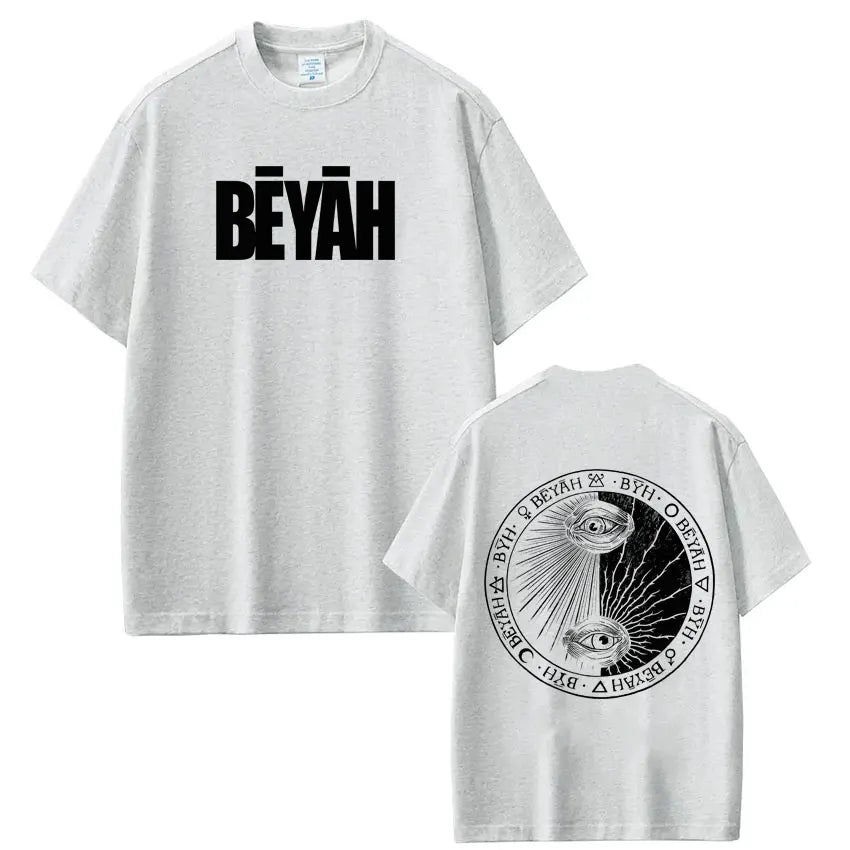 White cotton rapper damso beyah tour 2026 t-shirt with bold black lettering front and circular eye motif on back