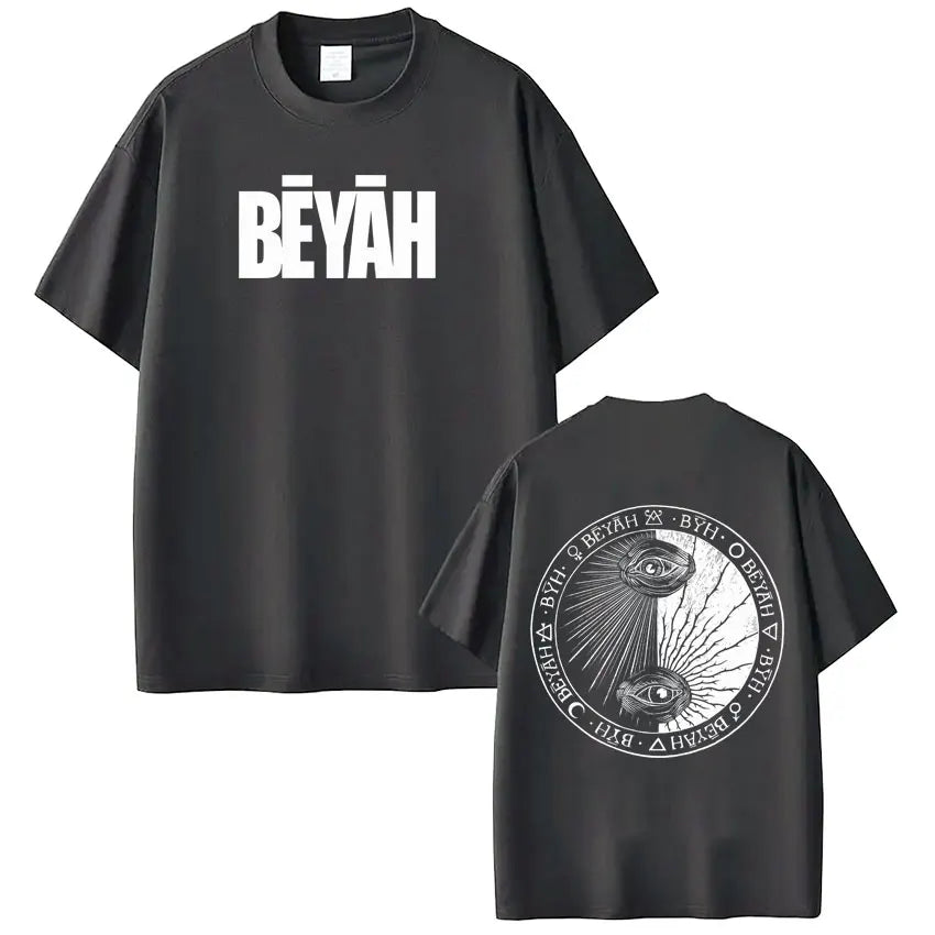 Black cotton short-sleeved rapper Damso Beyah tour 2026 t-shirt with bold white lettering front and circular eye design back