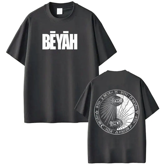 Black cotton short-sleeved rapper Damso Beyah tour 2026 t-shirt with bold white lettering front and circular eye design back