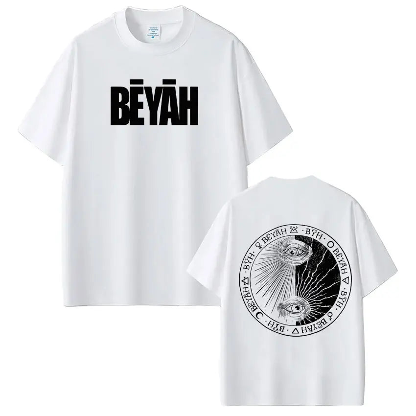 White cotton rapper damso beyah t-shirt with bold black lettering front and circular eye design on back casual gothic punk