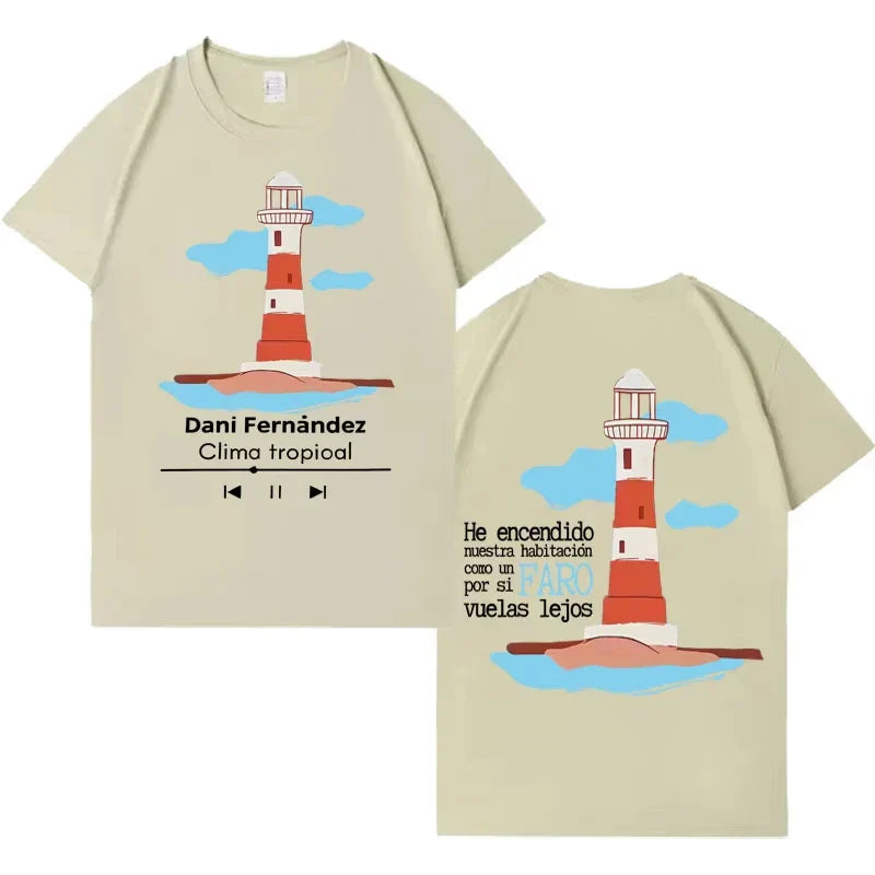 Beige pure cotton rapper dani fernandez harajuku graphic t-shirt with cartoon lighthouse and ocean waves print on front and back