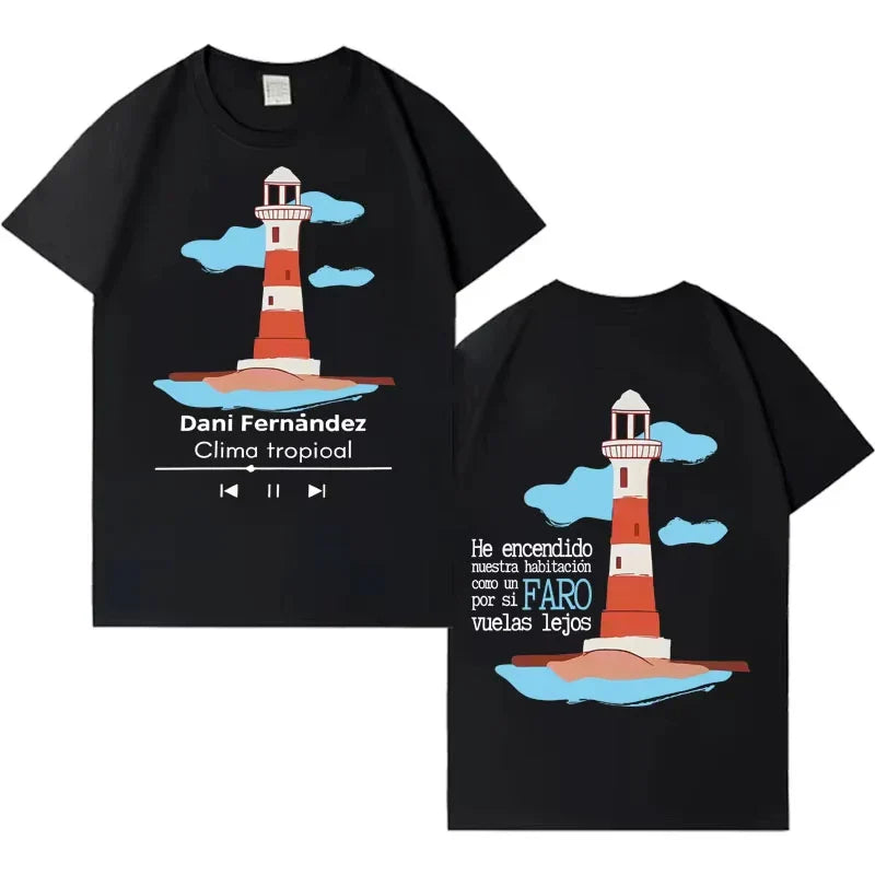 Black cotton rapper dani fernandez harajuku t-shirt with cartoon lighthouse gothic hip hop design on front and back