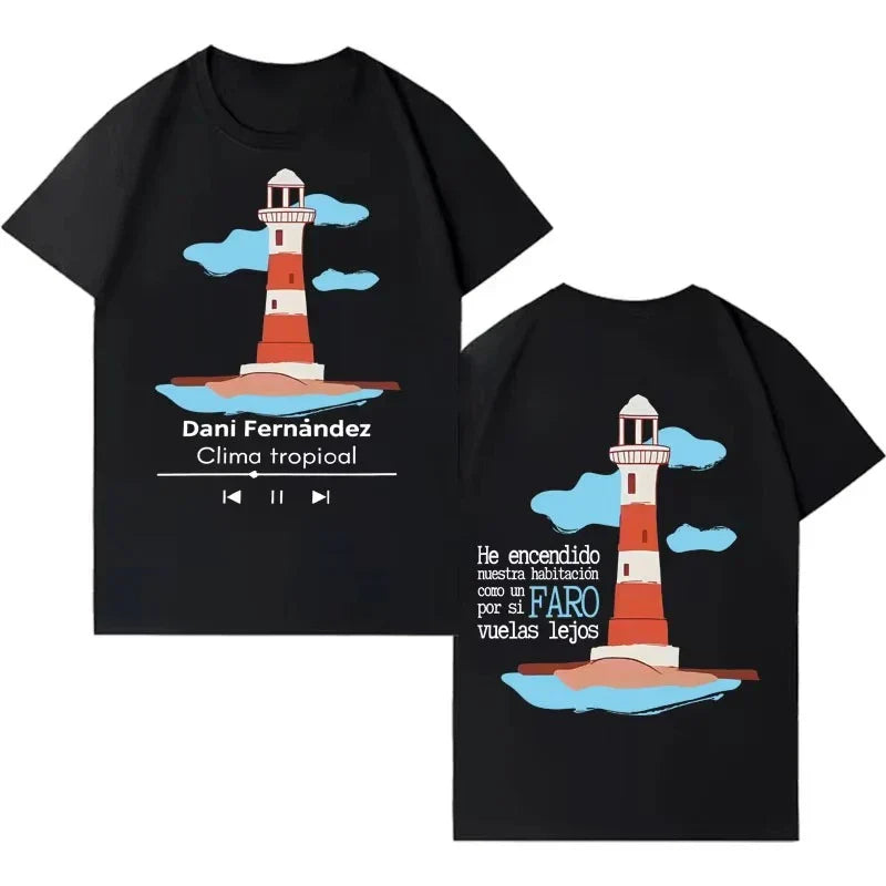 Black cotton rapper dani fernandez harajuku t-shirt with cartoon lighthouse print on front and back gothic hip hop style