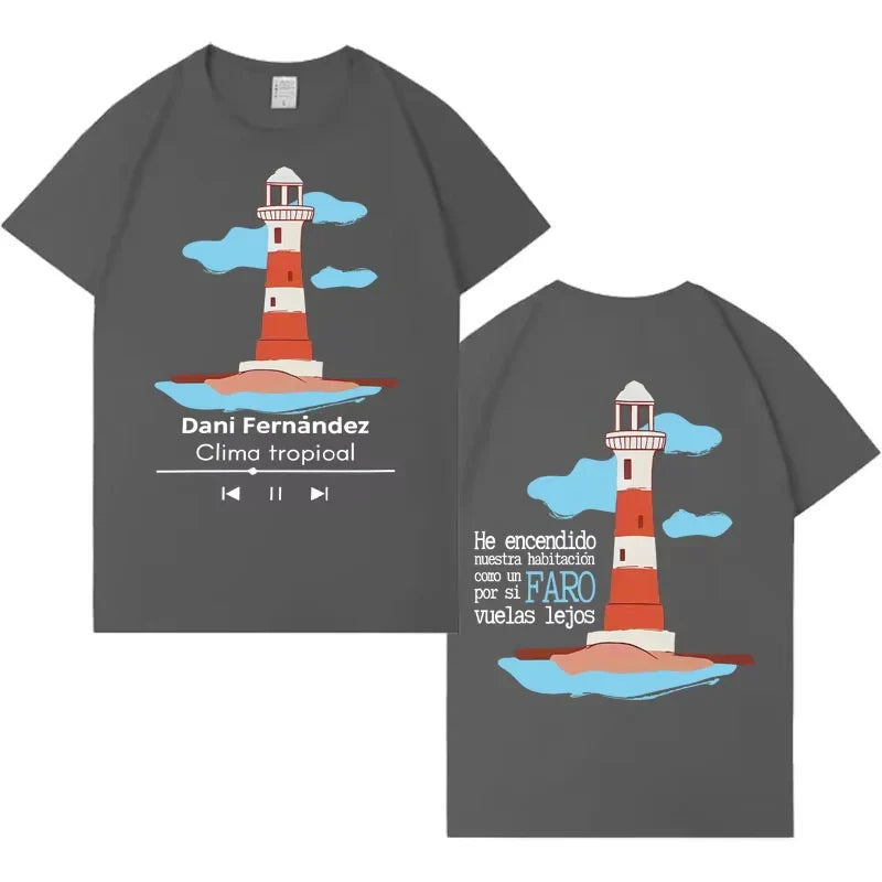 Dark gray cotton t-shirt featuring a colorful lighthouse illustration and spanish text from rapper dani fernandez harajuku gothic hip hop collection