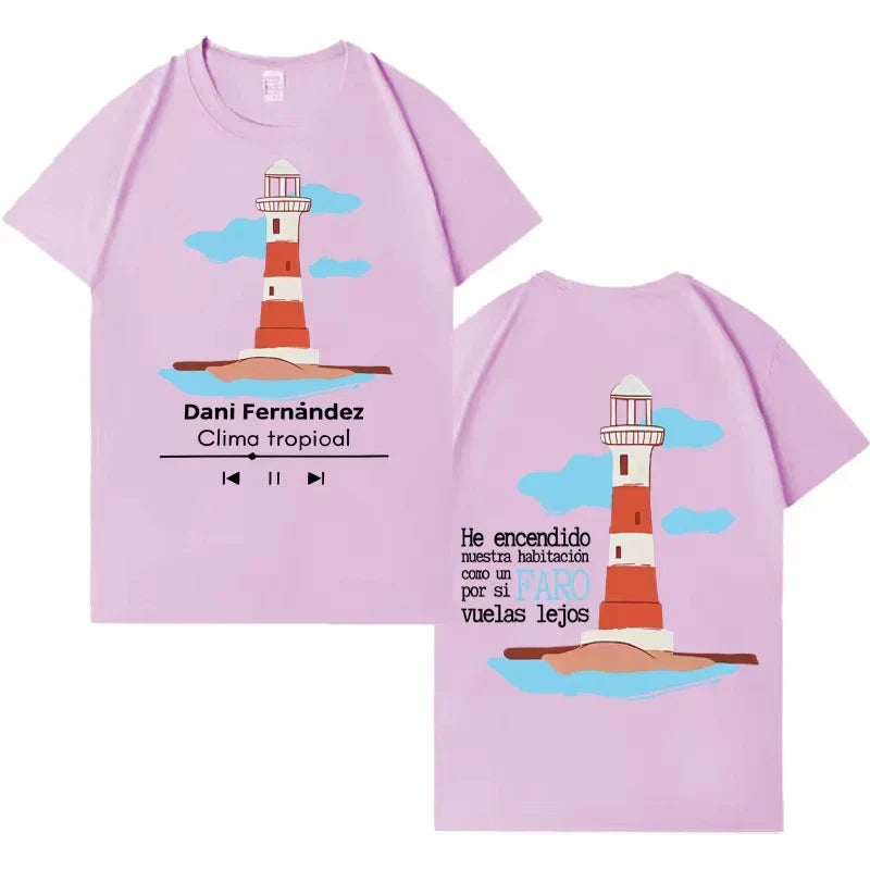Light purple pure cotton short sleeve t-shirt featuring a cartoon lighthouse by rapper dani fernandez gothic hip hop style