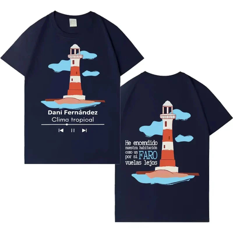 Navy blue pure cotton rapper dani fernandez harajuku t-shirt with cartoon lighthouse and gothic hip hop design