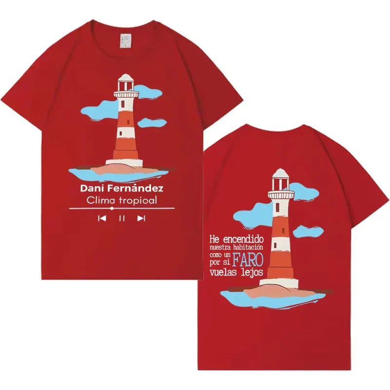Red cotton rapper dani fernandez harajuku t-shirt with cartoon lighthouse design gothic hip hop unisex short sleeve
