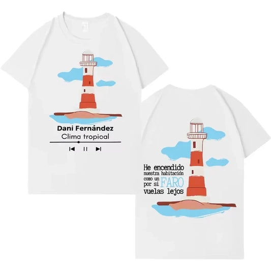 White pure cotton t-shirt featuring colorful red and white lighthouse graphic with spanish text rapper dani fernandez gothic hip hop