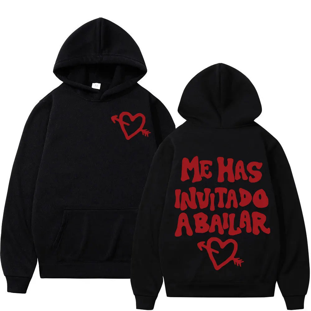Black hoodie with red embroidered heart and me has invitado a bailar text on the back rapper dani fernandez punk sportswear autumn