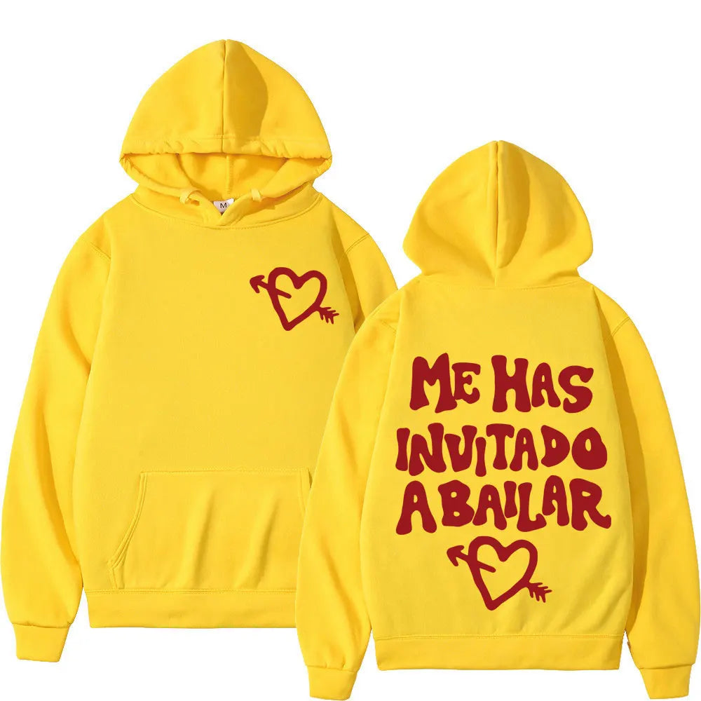 Bright yellow rapper dani fernandez harajuku hoodie with red heart arrow design and me has invitado a bailar text on back for punk sportswear autumn
