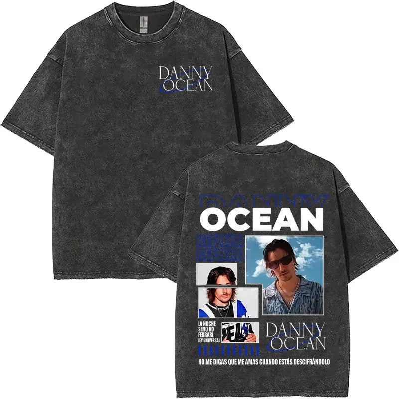 Black distressed cotton t-shirt featuring rapper danny ocean harajuku letters print merch vintage washed design