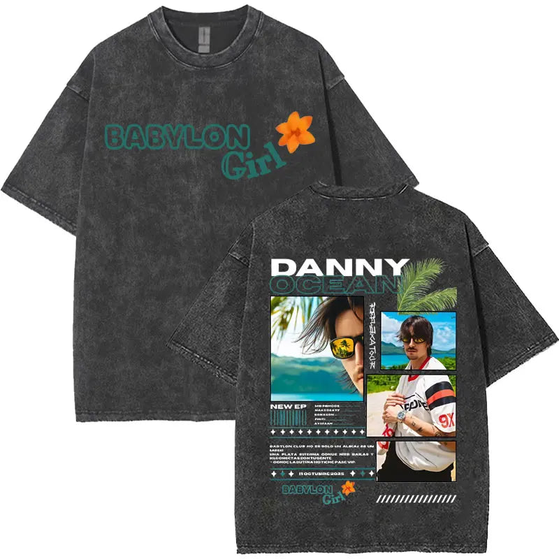 Dark gray distressed cotton t-shirt featuring rapper dann ocean babylon girl graphic with harajuku letters print merch vintage washed style