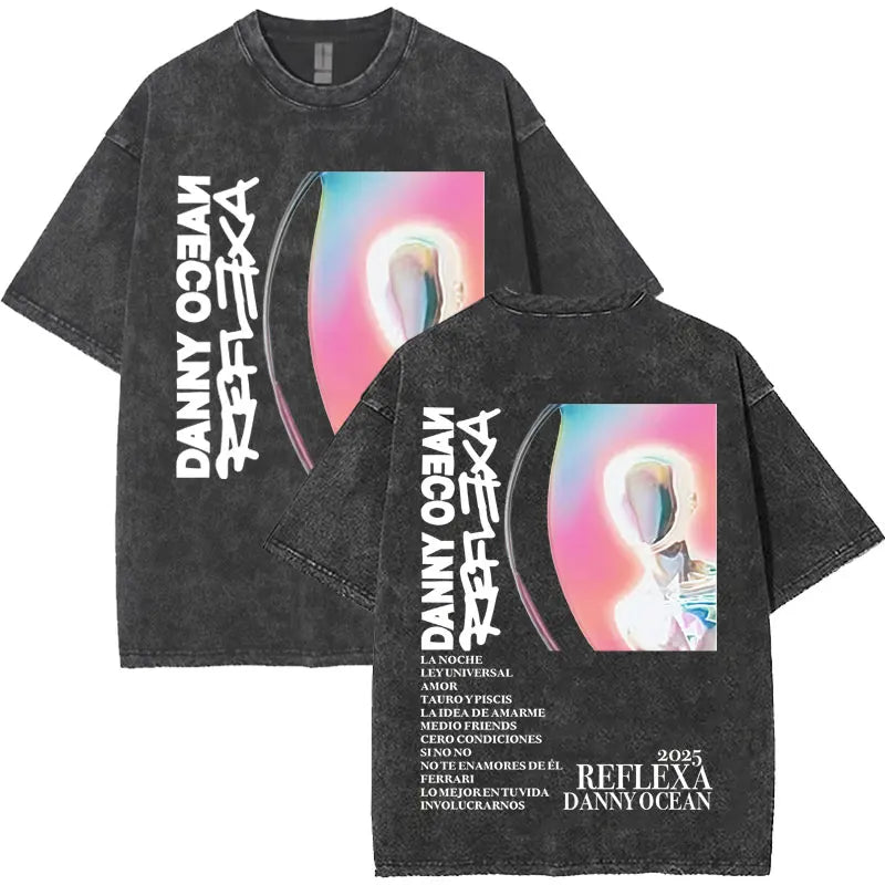 Black distressed cotton t-shirt with harajuku letters print merch vintage washed featuring rapper danny ocean backside song list