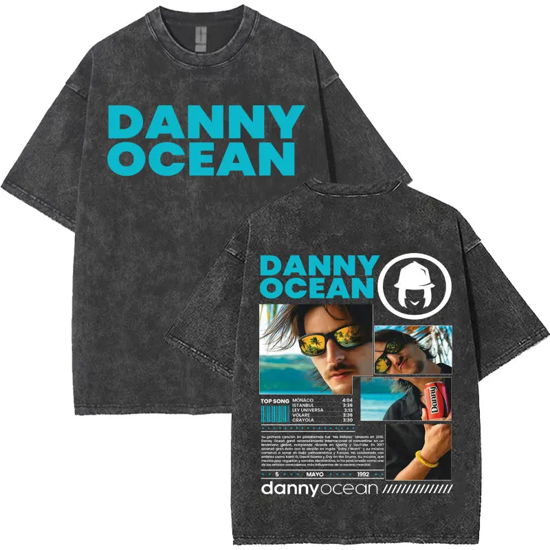 Black distressed cotton t-shirt featuring rapper danny ocean harajuku letters print merch vintage washed design