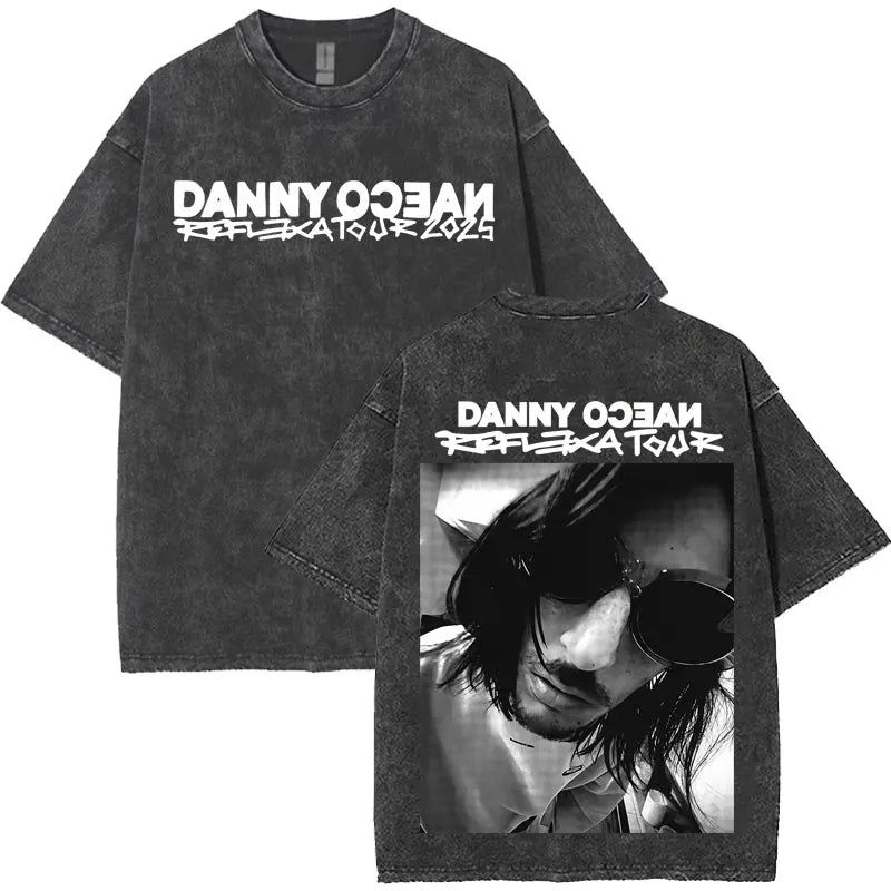 Dark gray distressed cotton t-shirt with black and white danny oday graphic and rapper danny ocean harajuku letters print merch vintage washed design