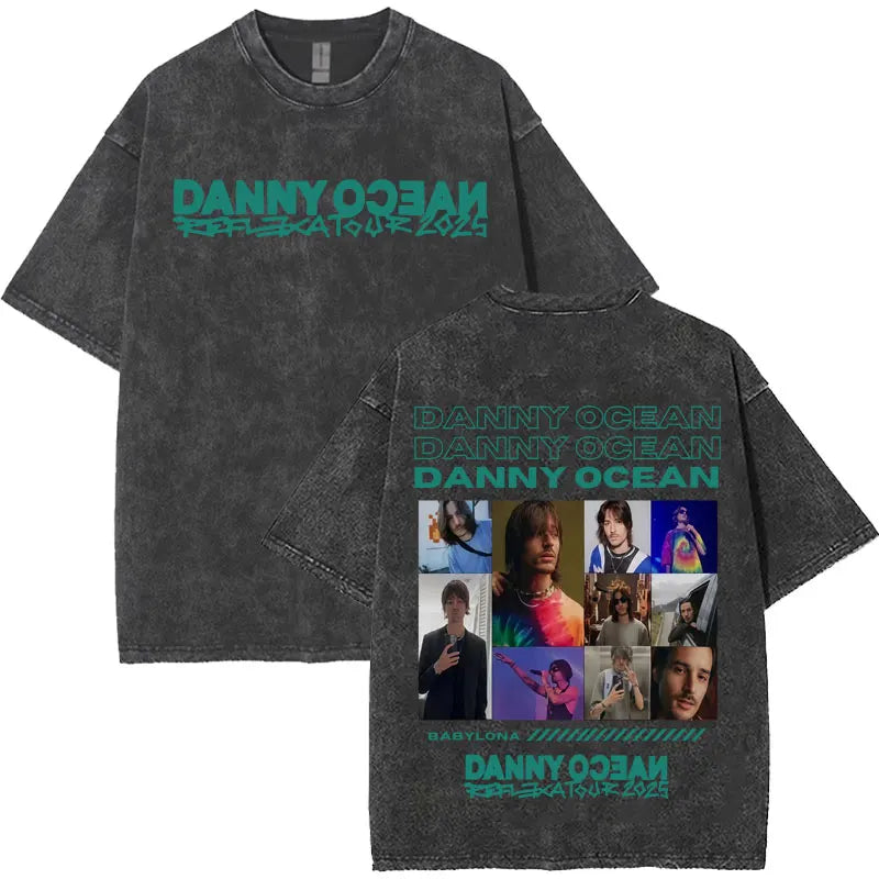 Dark gray distressed cotton t-shirt with harajuku letters print and rapper danny ocean merch vintage washed design