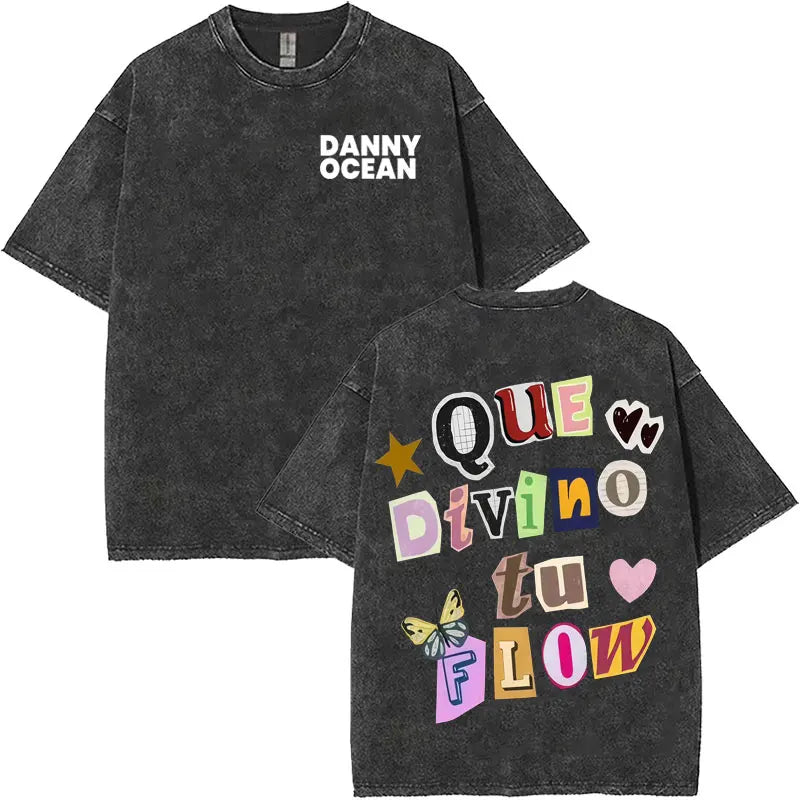 Black distressed cotton t-shirt featuring rapper danny ocean with harajuku letters print merch vintage washed design on back