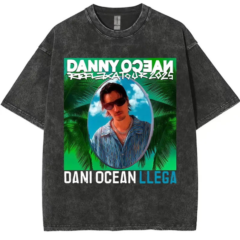 Black distressed cotton t-shirt featuring vibrant rapper danny ocean graphic with harajuku letters print merch vintage washed design