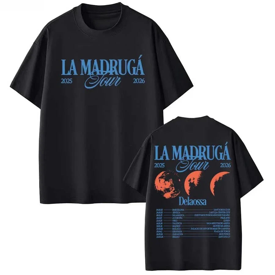 Back of black cotton t-shirt featuring delaossa la madruga tour 2025-2026 in blue text with orange moon graphics for hip hop streetwear