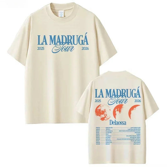 Cream-colored cotton t-shirt with delaossa la madruga tour 2025-2026 moon phase graphic on the back for hip hop streetwear