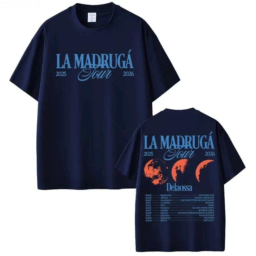 Dark navy blue cotton t-shirt for men and women featuring delaossa la madruga tour 2025-2026 design on the back in hip hop streetwear style