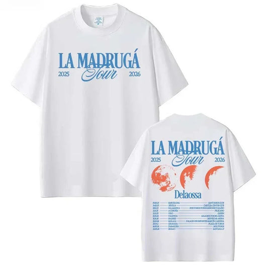 White cotton t-shirt featuring delaossa la madruga tour 2025-2026 blue script and orange moon graphics back tour schedule hip hop streetwear