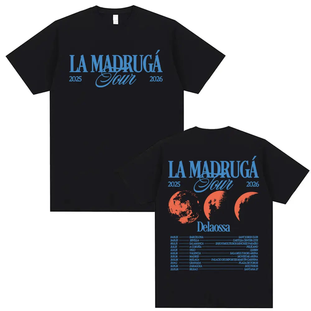 Black cotton short sleeve t-shirt featuring delaossa la madruga tour 2025-2026 moon phase graphic and schedule on back