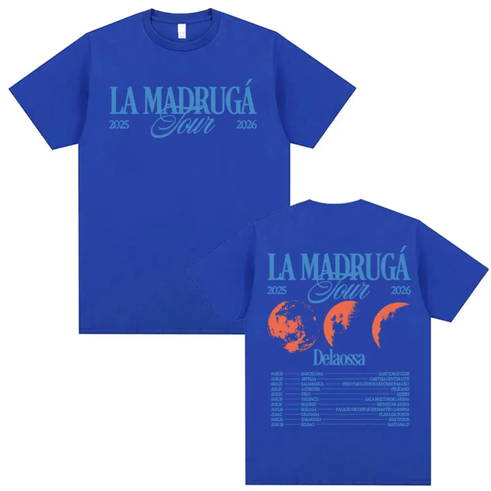 Royal blue cotton t-shirt featuring delaossa la madruga tour 2025-2026 script and detailed back schedule in clothing Harajuku hip style