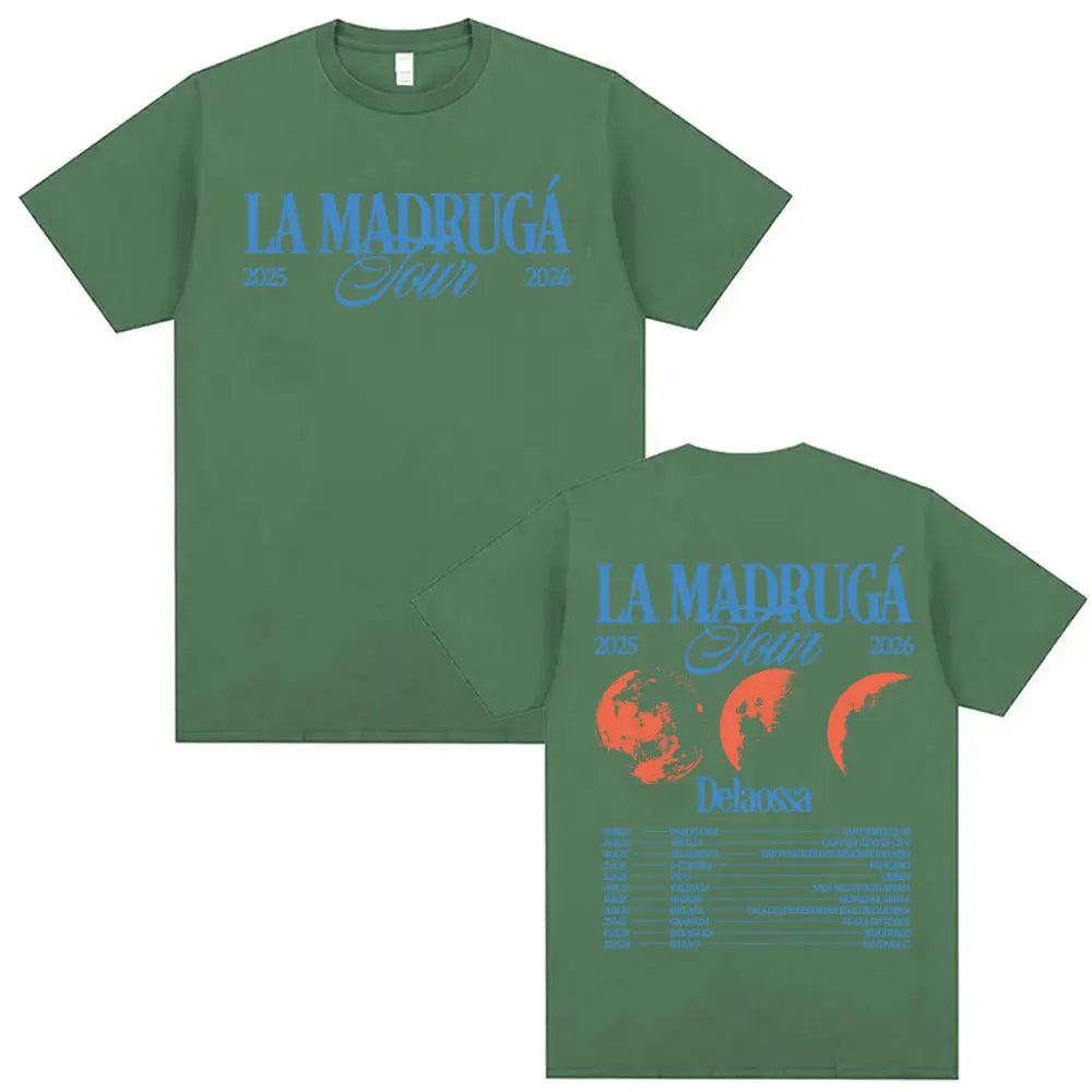 Olive green short-sleeved cotton t-shirt with blue and orange delaossa la madruga graphic for clothing harajuku hip style
