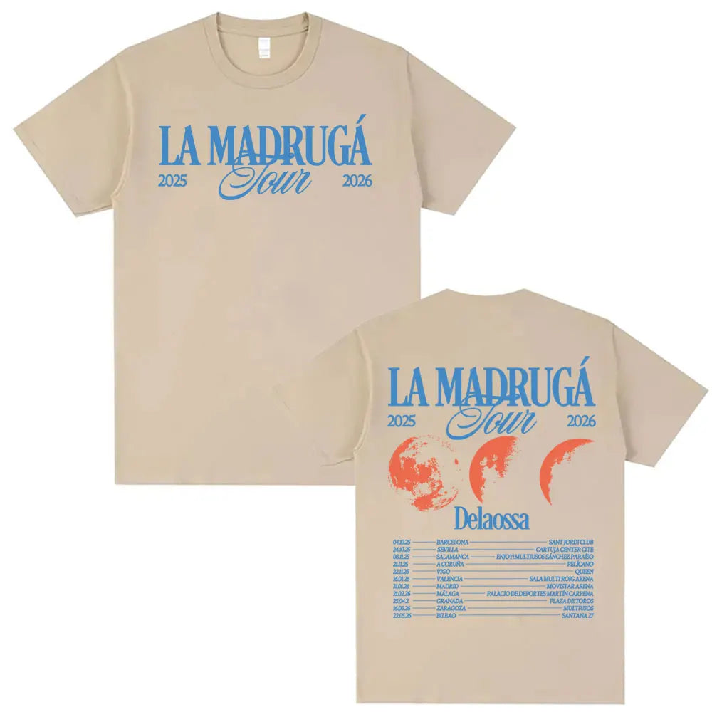 Beige cotton short sleeve t-shirt featuring delaossa la madruga tour 2025-2026 blue script and detailed back schedule