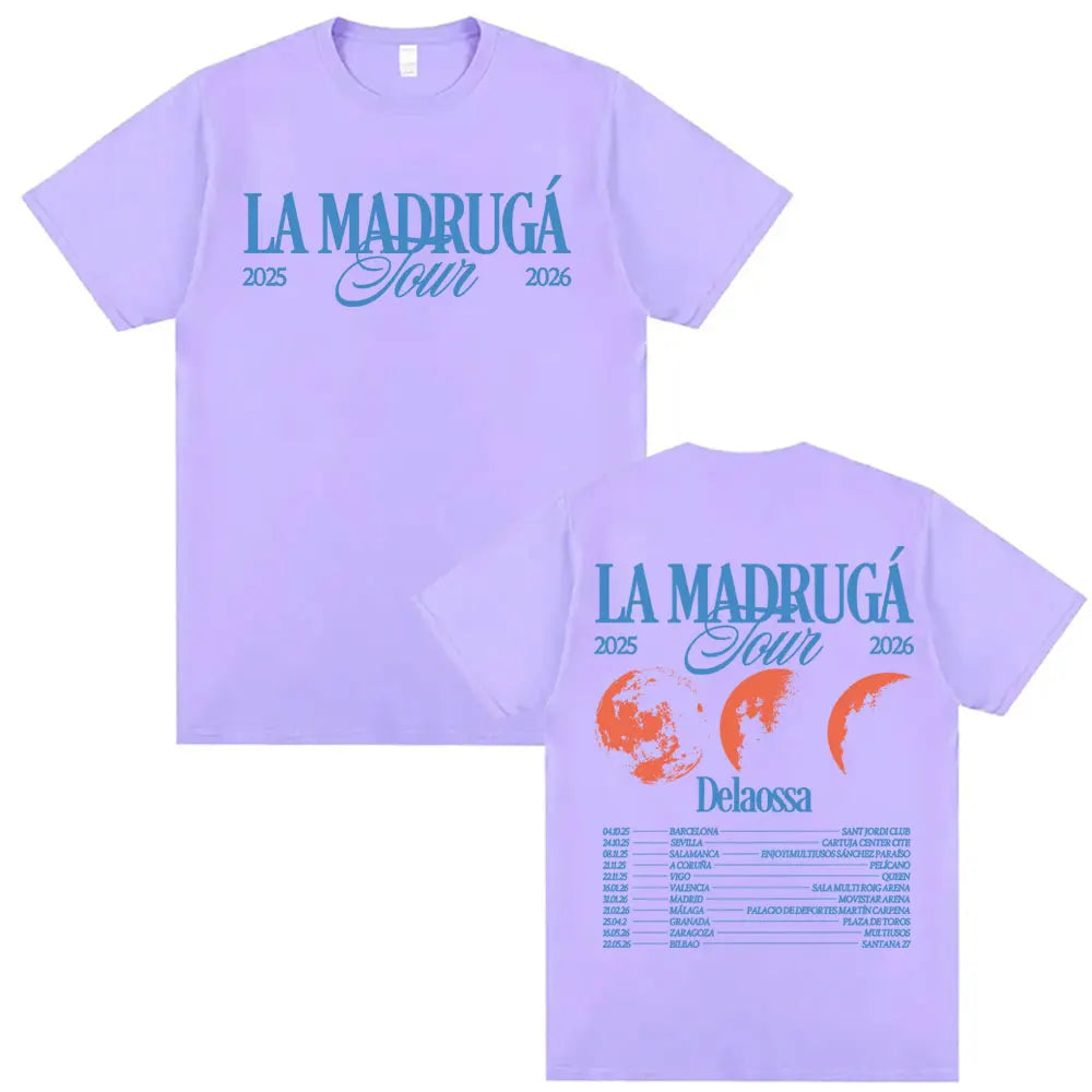 Lavender cotton short sleeve t-shirt with teal and orange delaossa la madruga tour 2025 graphic for clothing harajuku hip