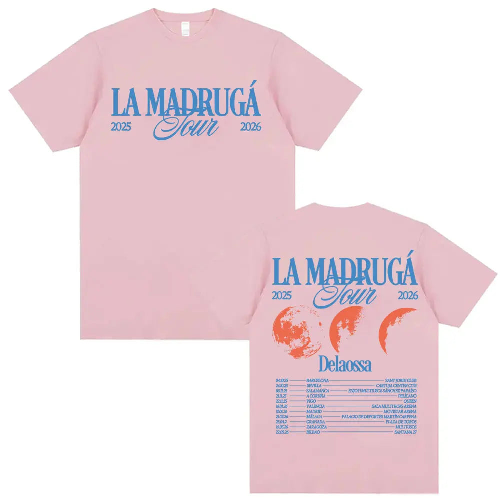 Back of pink cotton short sleeve t-shirt with blue delaossa la madruga tour 2025 2026 text and orange moon graphics
