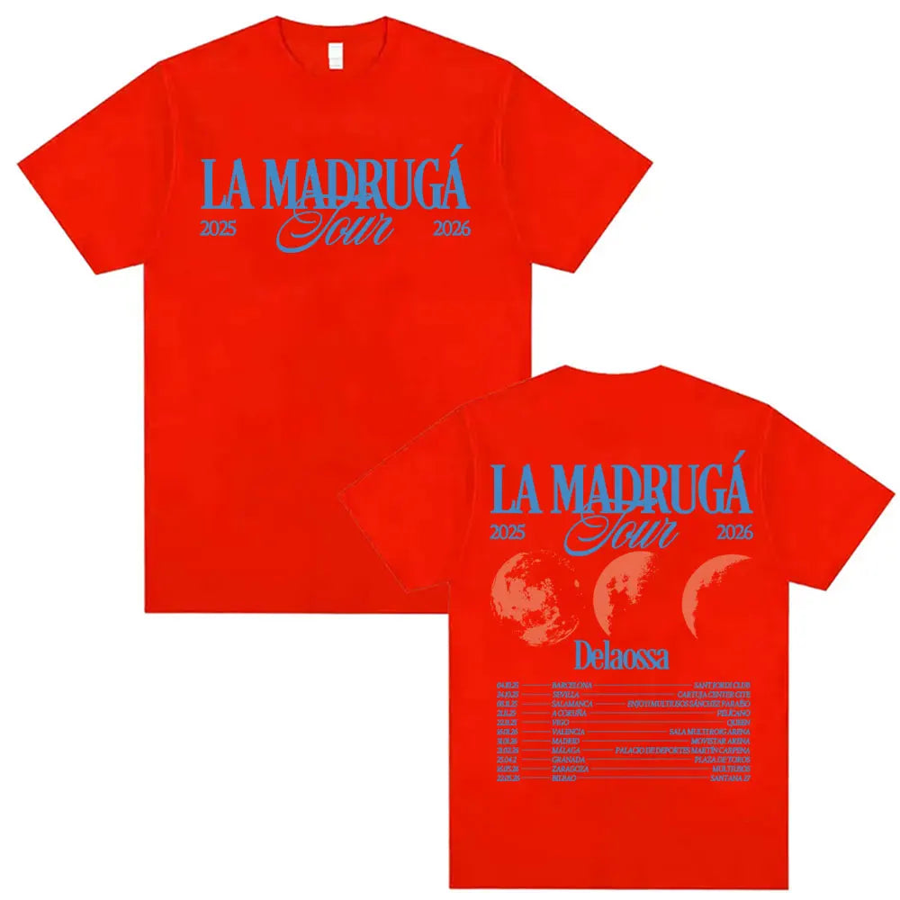 Vibrant red cotton short sleeve t-shirt showcasing delaossa la madruga tour 2025-2026 moon design on back clothing harajuku hip