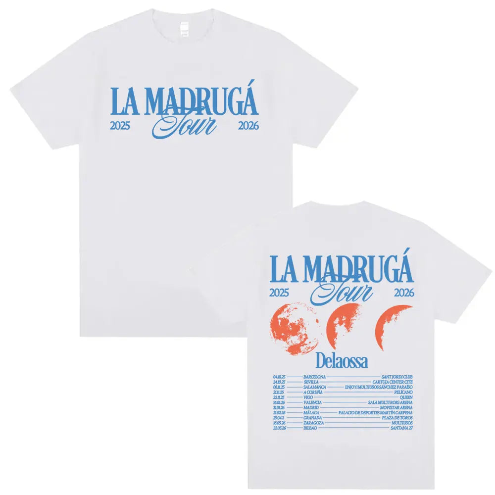 Back of white cotton rap singer delaossa la madruga tour 2026 t-shirt with blue script and orange moon graphic