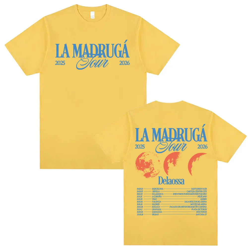 Yellow cotton short sleeve t-shirt showing back with blue delaossa la madruga tour 2026 moon phase design clothing harajuku hip