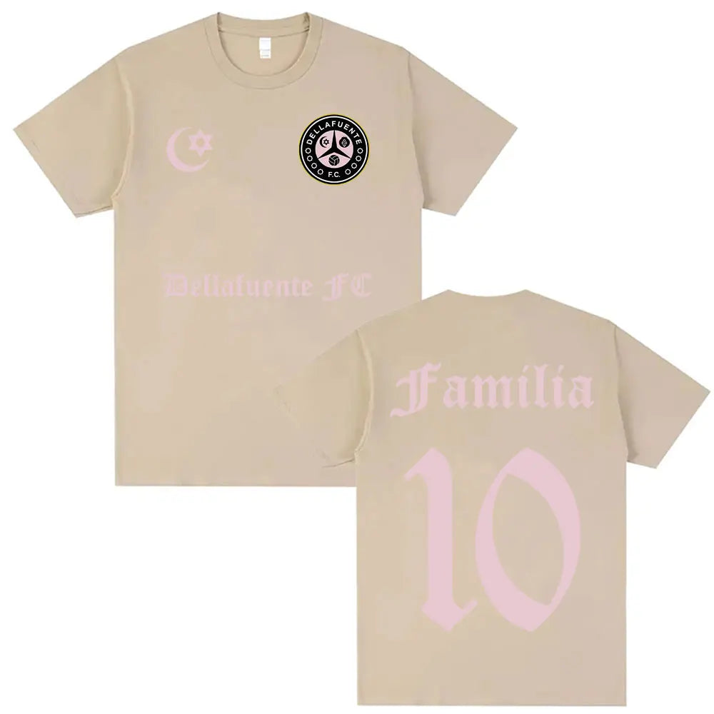Beige casual cotton short sleeve t shirt with pink familia 10 text and circular logo for rapper dellafuente album hip hop streetwear