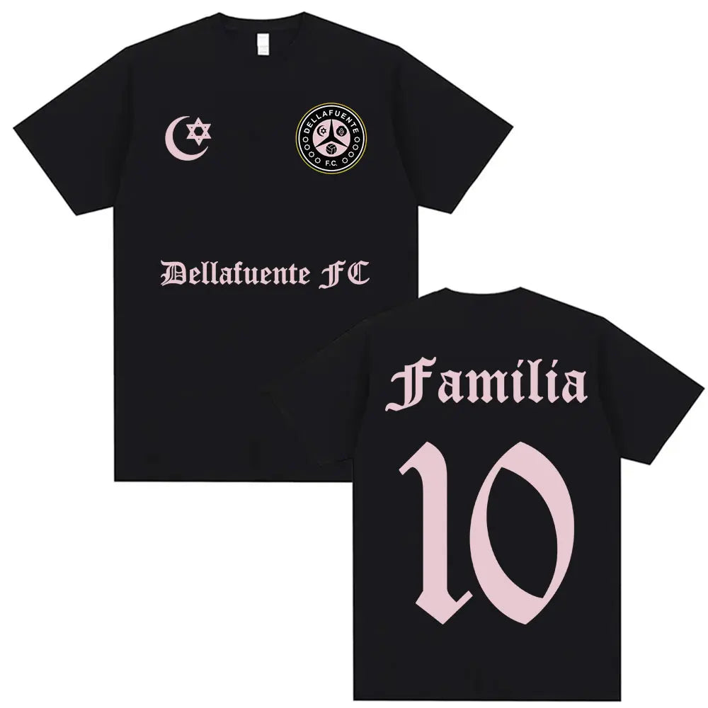 Black bellafuente fc jersey with pink embroidery crescent moon star casual cotton short hip hop streetwear tshirt back view