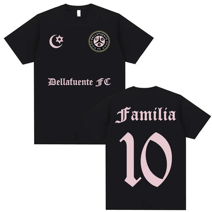 Black bellafuente fc jersey with pink embroidery crescent moon star casual cotton short hip hop streetwear tshirt back view