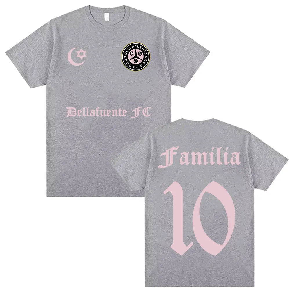Gray bella fuente fc casual cotton short sleeve t-shirt with pink familia 10 text on back for hip hop streetwear fans