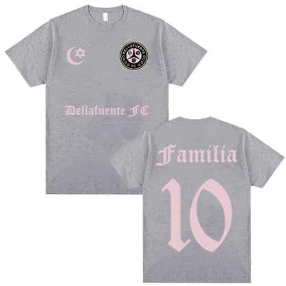 Gray bella fuente fc casual cotton short sleeve t-shirt with pink familia 10 text on back for hip hop streetwear fans