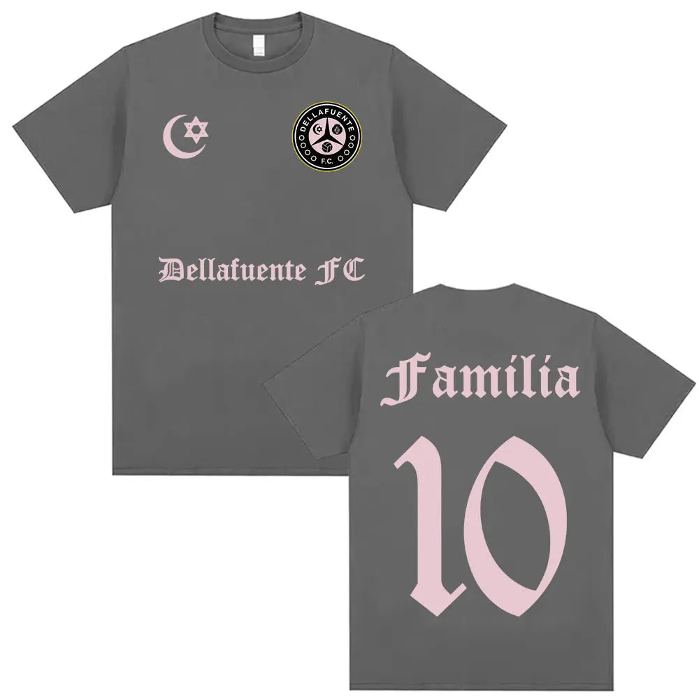 Gray rapper dellafuente album casual cotton short sleeve t shirt with pink embroidered logo and familia 10 print on back