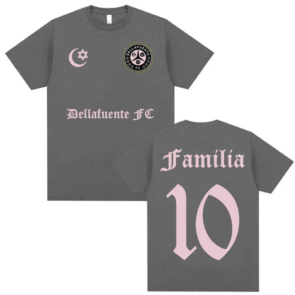 Gray rapper dellafuente album casual cotton short sleeve t shirt with pink embroidered logo and familia 10 print on back