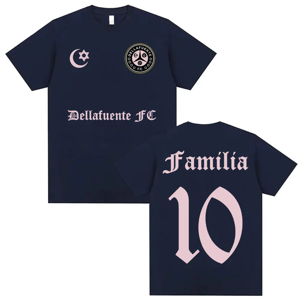 Navy blue casual cotton short sleeve t shirt with pink rapper dellafuente album graphics for hip hop streetwear