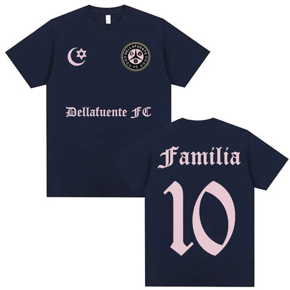 Navy blue casual cotton short sleeve t shirt with pink rapper dellafuente album graphics for hip hop streetwear