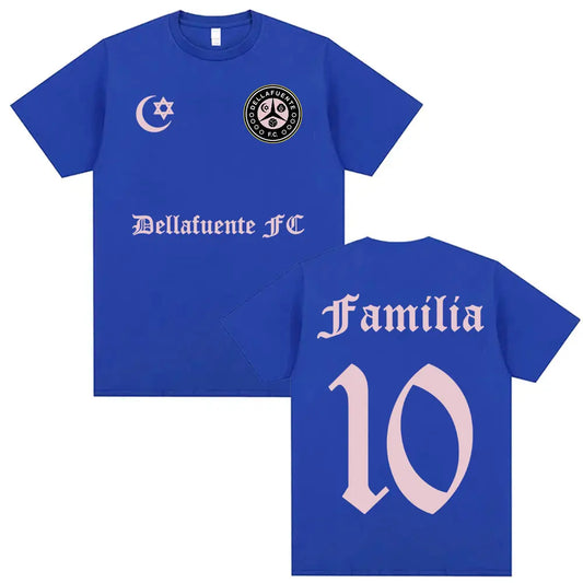 Back of royal blue bella fuente fc jersey with pink crest familia and number 10 for casual cotton short hip hop streetwear