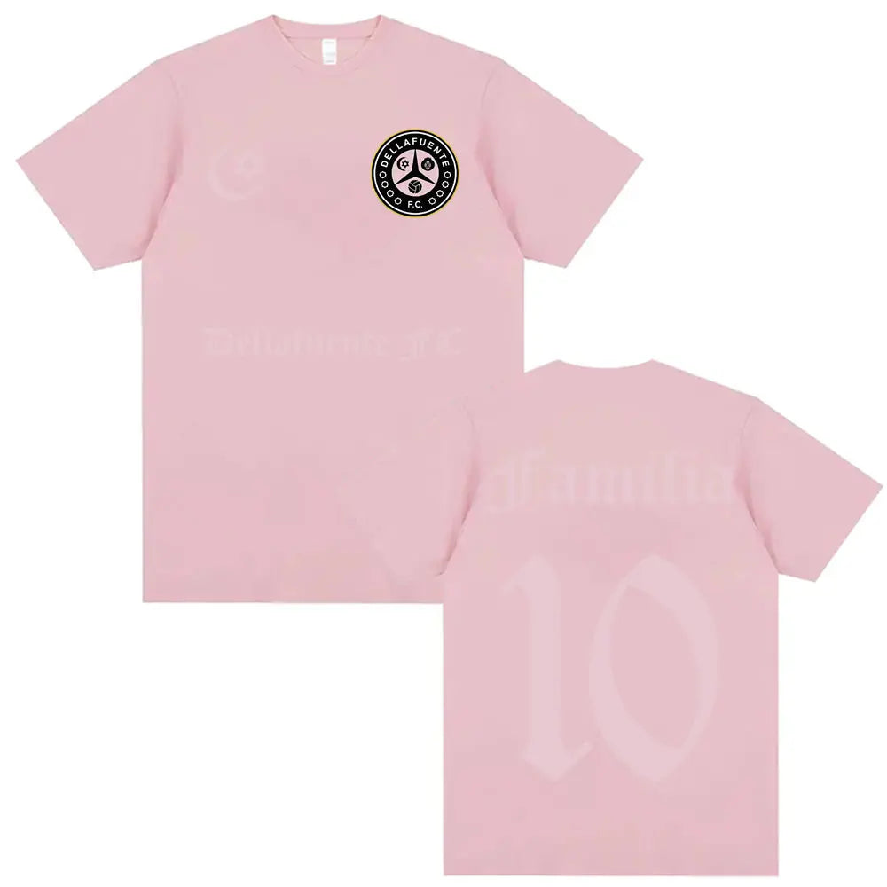 A soft pink casual cotton short t-shirt with a black circular logo front and faded number 10 back for hip hop streetwear