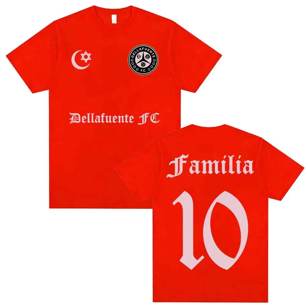 Vibrant red casual cotton short sleeve t shirt with rapper dellafuente album print and hip hop streetwear design front and back