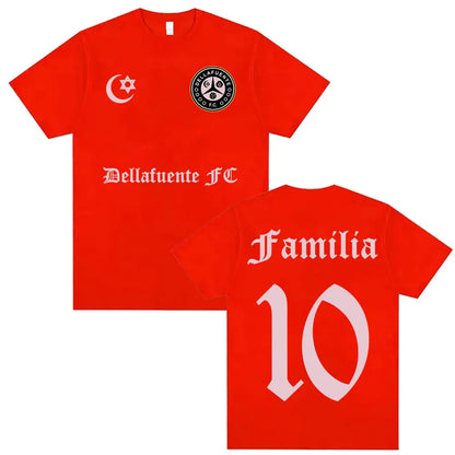 Vibrant red casual cotton short sleeve t shirt with rapper dellafuente album print and hip hop streetwear design front and back