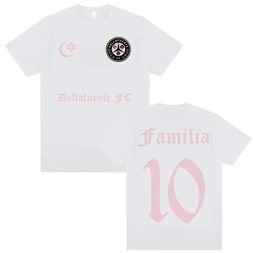 White casual cotton short sleeve t shirt with pink dellafuente fc text and crescent moon logo for hip hop streetwear