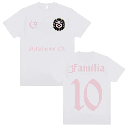 White casual cotton short sleeve t shirt with pink dellafuente fc text and crescent moon logo for hip hop streetwear